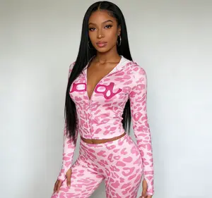 Women’s two-piece set for autumn/winter featuring a hooded printed zip-up jacket and pants; casual slim fit for everyday wear; fashionable womenswear