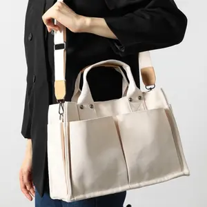 Women's Canvas Bag Multi-pocket Canvas Tote Bag Large Capacity Casual Shoulder Crossbody Bag