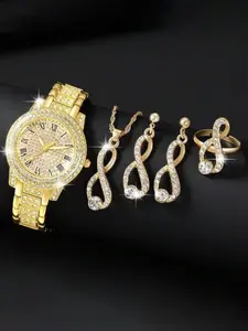 5-piece diamond-encrusted luxury and elegant quartz women's watch bracelet set