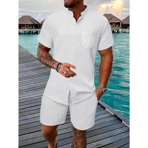 Summer Men'S Short-Sleeved Shorts Jacquard Shirt Solid Color Suit Men'S 2pcs Suit