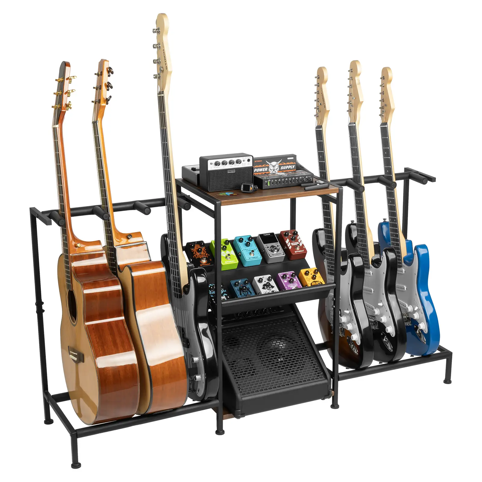 STRICH Multi-Guitar Rack Stand with Pedals Organizer & Guitar Equipment - Fits Acoustic, Electric, Bass, Amplifier Accessories - Home Studio Display Stand SMT-40 Guitar Storage