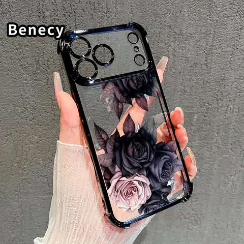 Mystic Rose Garden Pattern Four Corner Anti-Fall Phone Case Transparent Electroplated Protective Cover for iPhone 17 16 Pro Max 15 Plus 14 13 12 11 E Air