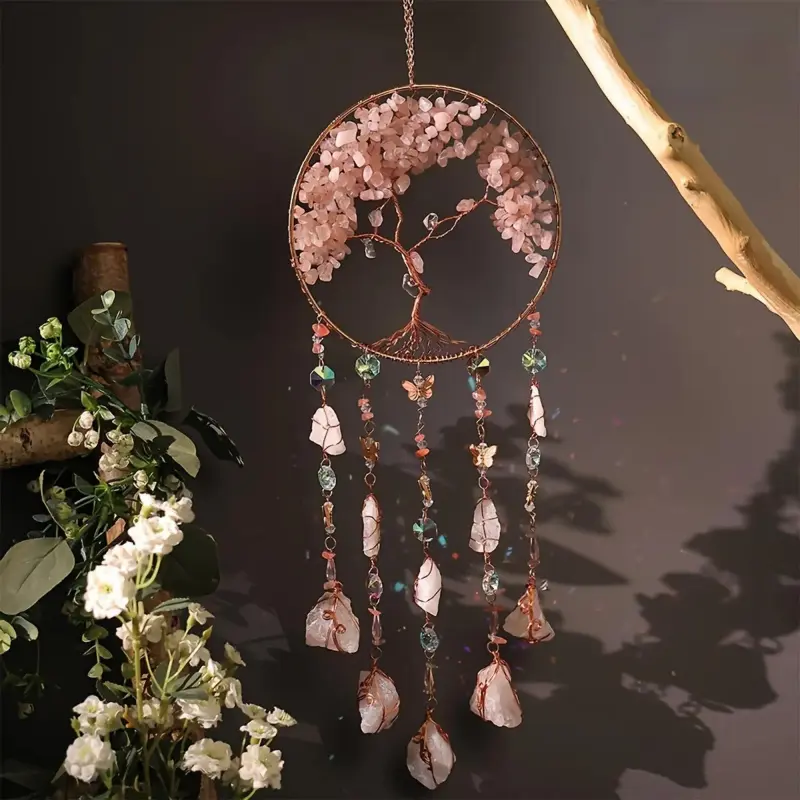 Pink Crystal Dream Catcher with Natural Stone Life Tree, Magical Glittery Contemporary No-Power Hanging Decor, Eclectic Blinged-Out Bright Home Decor Gift Set for Home, Christmas & Holiday, Eclectic Hanging Decor, Blinged-Out Hanging Decor