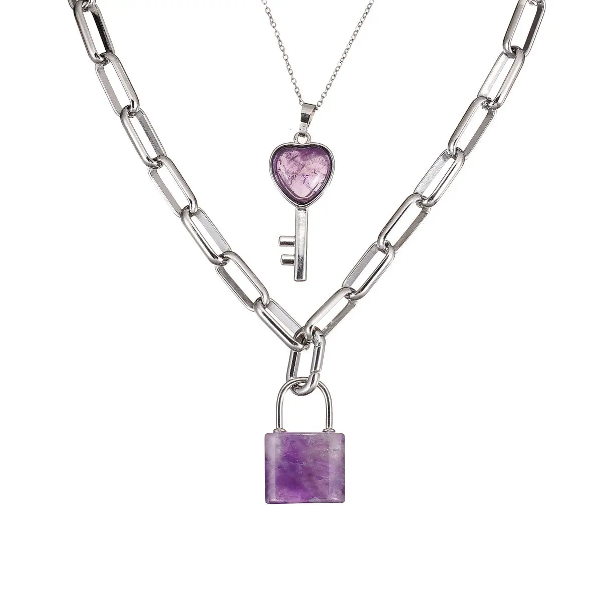 Amethyst Lock & Key Layered Necklace in White Gold IP - Amethyst Jewelry