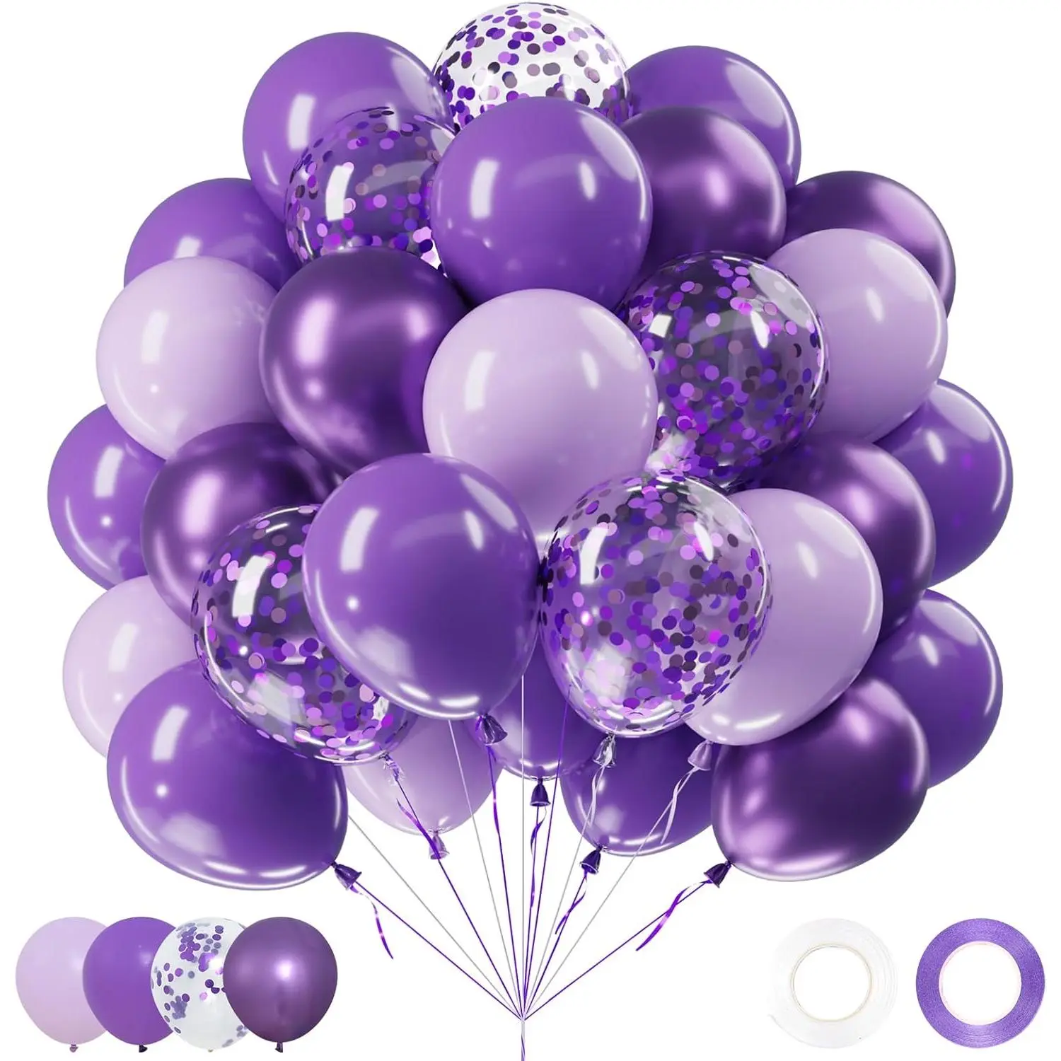 60-Count 12-In Synthetic Lavender, Lilac Confetti & Metallic Butterfly Balloon Set - Garland & Wall Kit, Balloon Party Supplies for Birthday, Graduation Decorations
