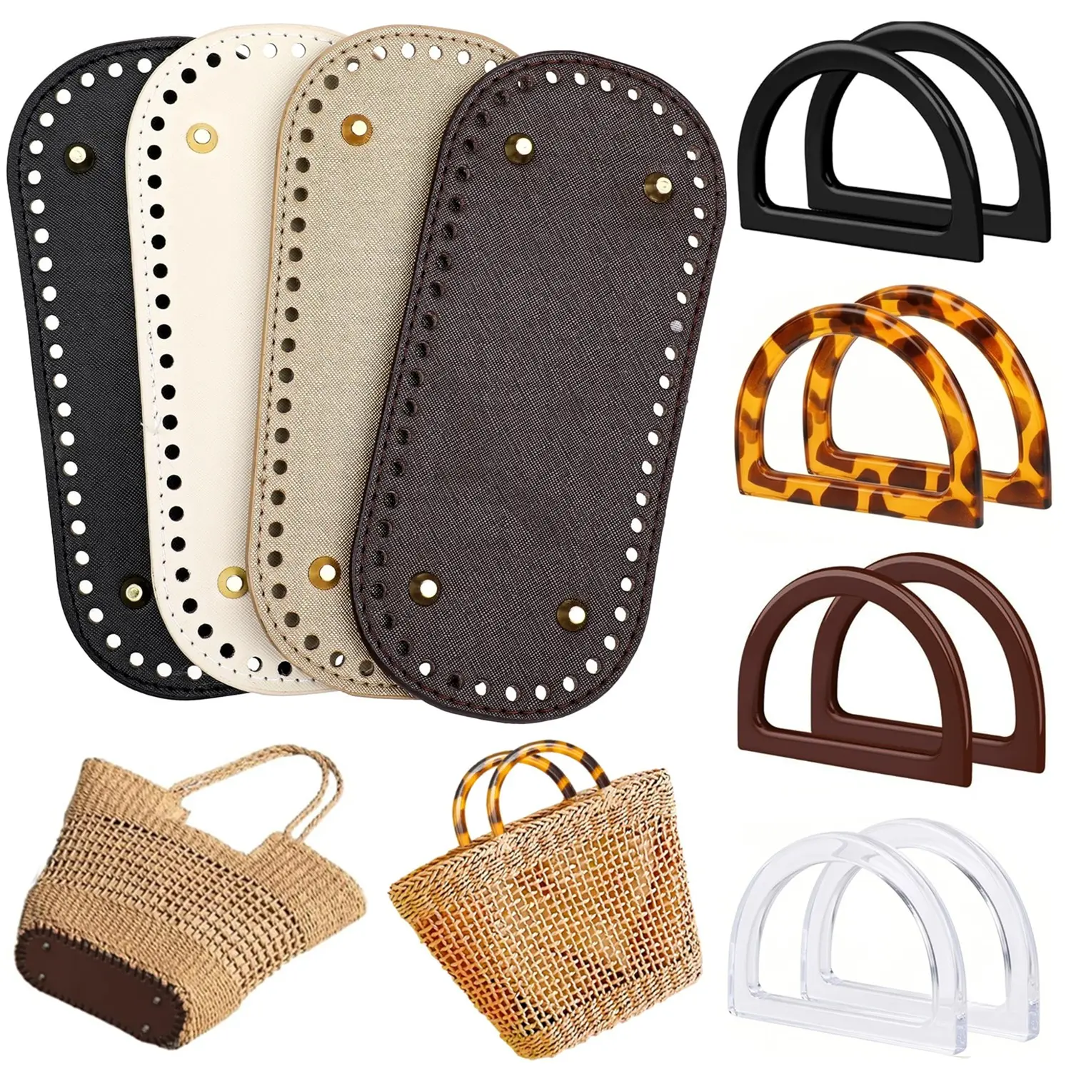 4+8 PCS Bag Bases for Crochet with D Shape Purse Handles for Bag Making PU Leather Purse Bottoms for DIY Crochet Bag Shoulder Bags Purse Making supplies Kit