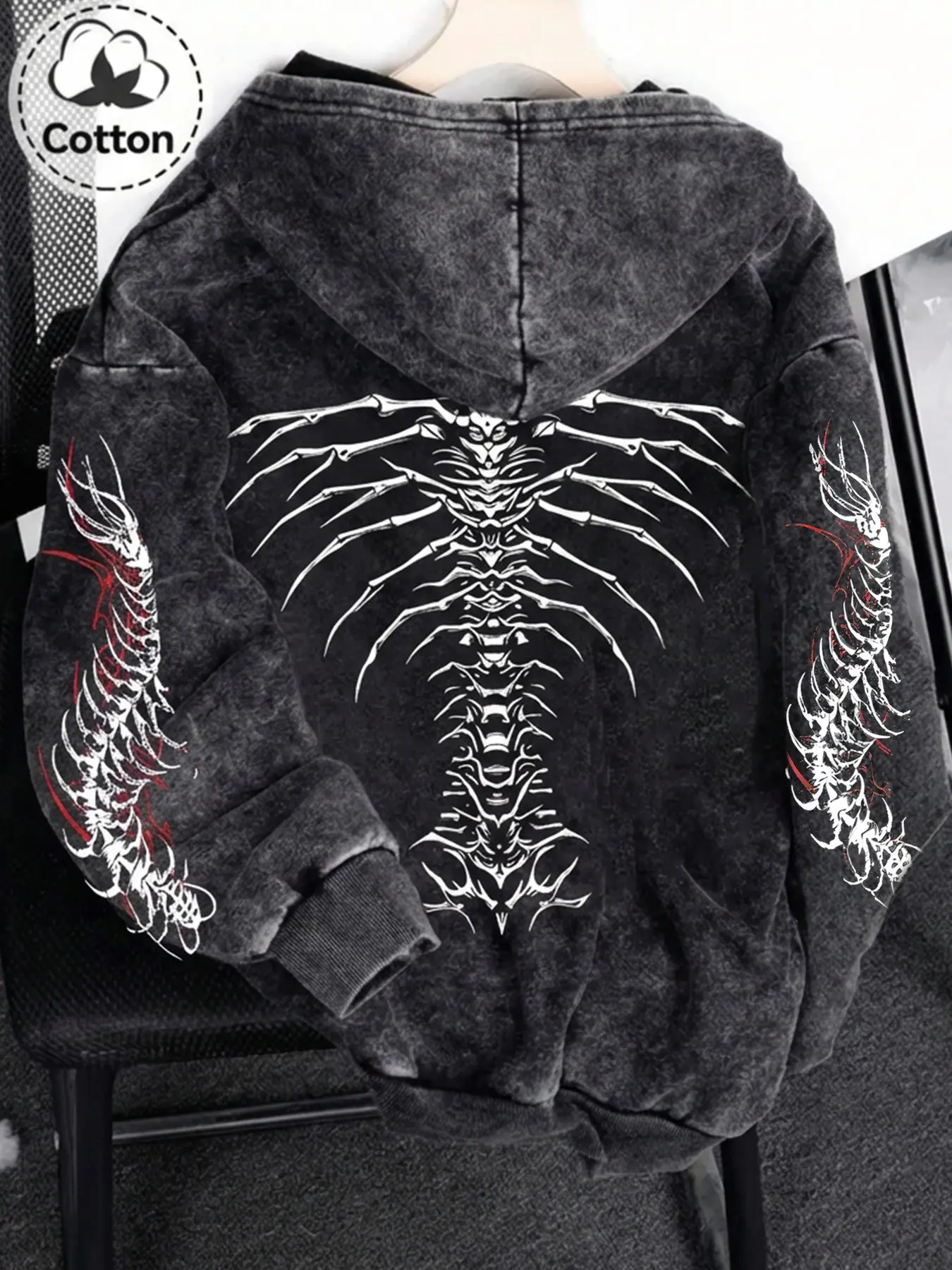 Y2K Retro Wash Full Zip Long Sleeve Hoodie with Oversized Angel Wings Graphic Print, Grunge Goth Casual Streetwear Sweatshirt for Men & Women, Cyber Aesthetic Fall Winter Fashion Outfit