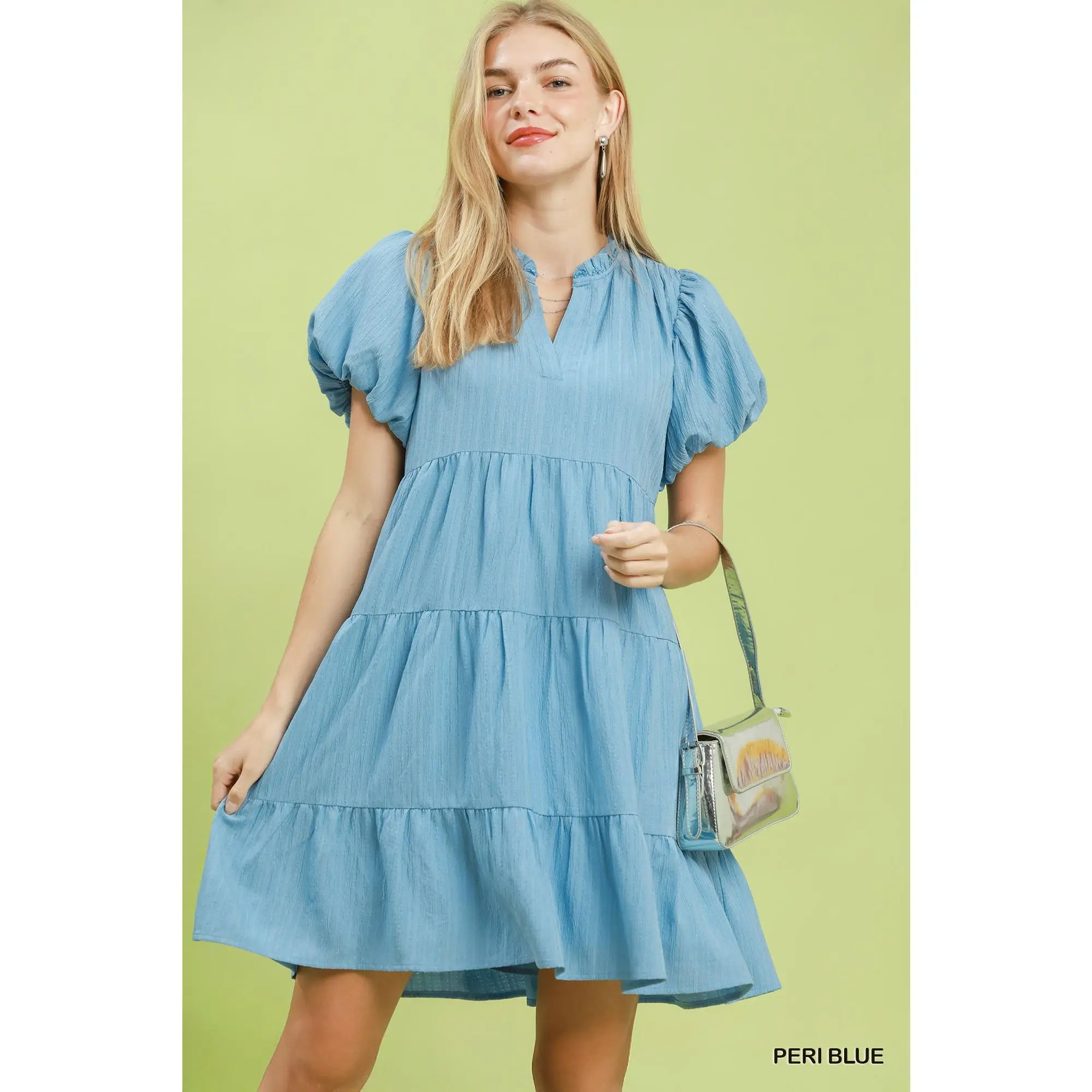 Umgee Puff Sleeve Tiered Babydoll Dress