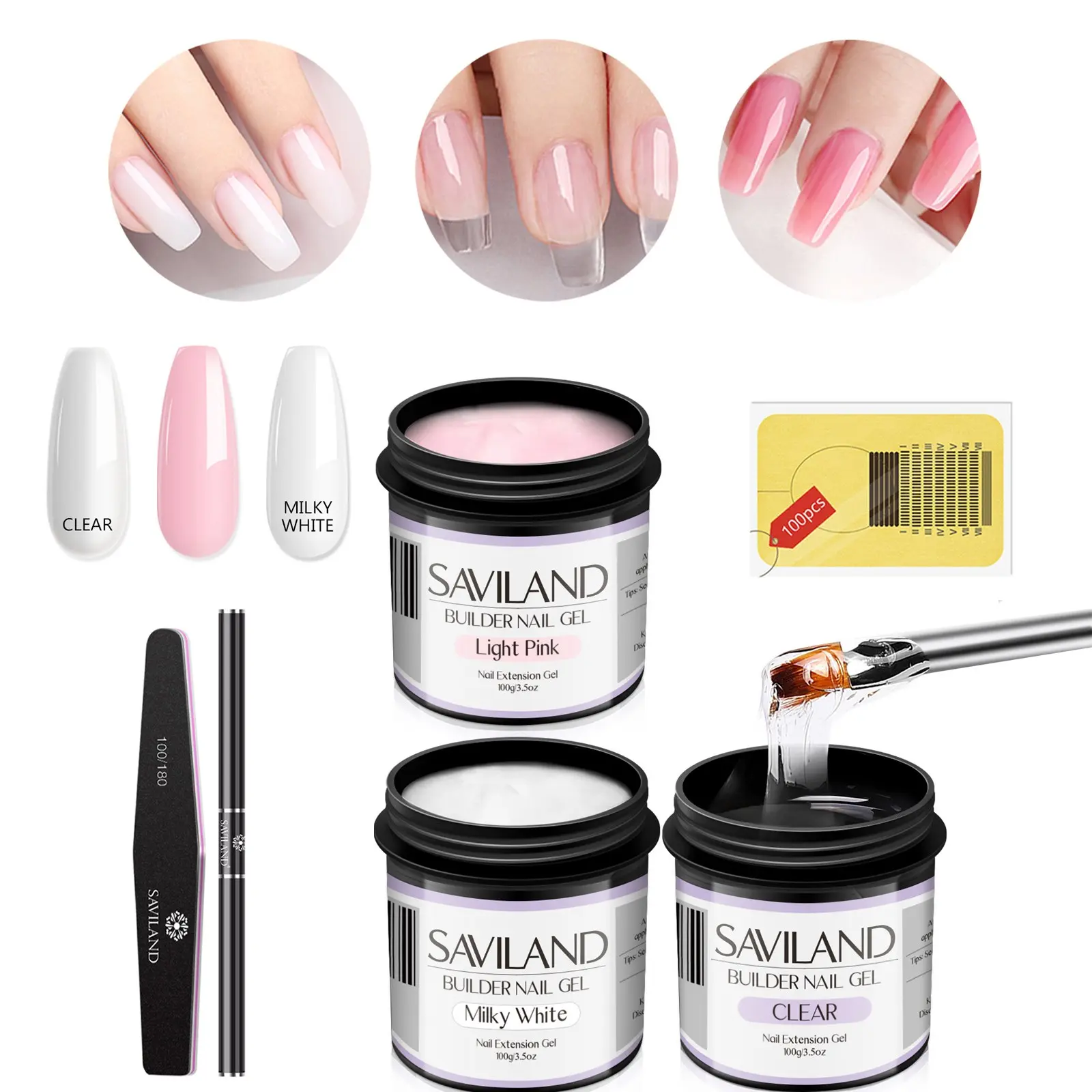 SAVILAND 3PC Builder Nail Gel Kit 3.53oz Clear Light Pink Milky White Hard Gel Soak Off UV Gel for Nail Extension with Nail Brush Home DIY Manicure