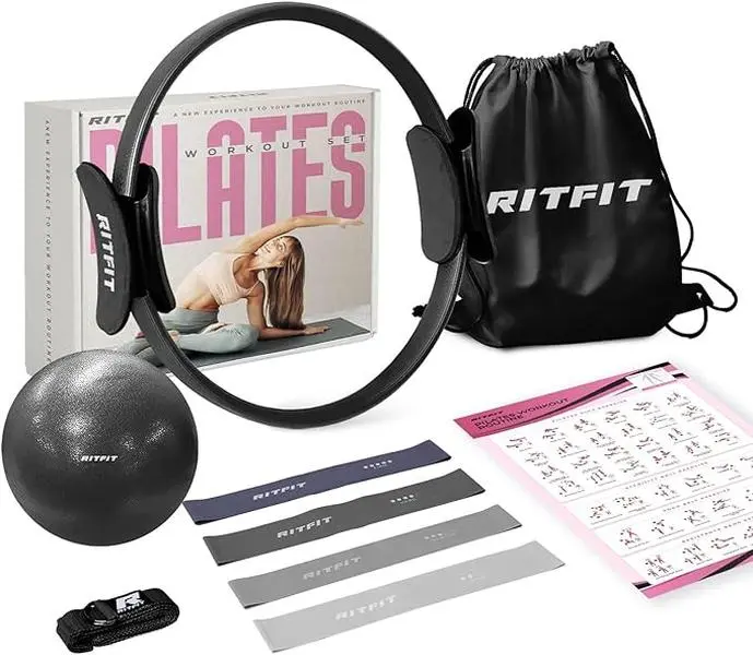 RITFIT Pilates Ring Set for Home Workouts, 14 in Unisex Magic Circle with Fiberglass Core & Padded Handles, Includes Ball and Bands, Pilates Equipment For Home Workouts, Pilates Essential Kit, Fitness Accessories