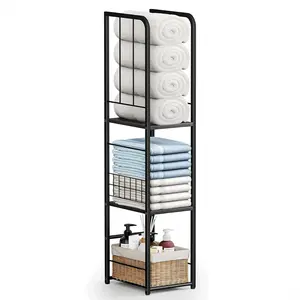 Narrow Towel Storage Rack Suitable for Bathroom, Three-Layer Freestanding Bathroom Towel Storage Rack with Shelf Suitable for Small Bathrooms, Pools, Black