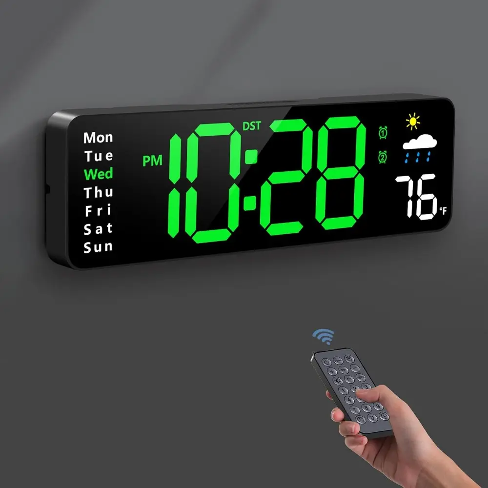 Digital Wall Clock, Decorative Wall Clock, Digital Clock with Temperature Large Display with Remote Control, Corded LED Alarm Clocks with Date, Week, Temp, Humidity, Auto DST, Countdown, for Living Room Bedroom Classroom Office, Home Decor