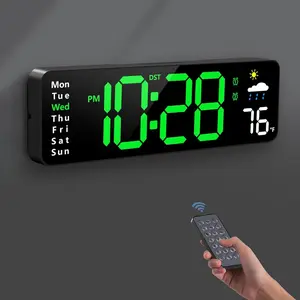 Digital Wall Clock, Digital Clock Large Display with Remote Control, Corded LED Alarm Clocks with Date, Week, Temp, Humidity, Auto DST, Countdown, for Living Room Bedroom Classroom Office, Multifunctional Alarm Clock (Green)