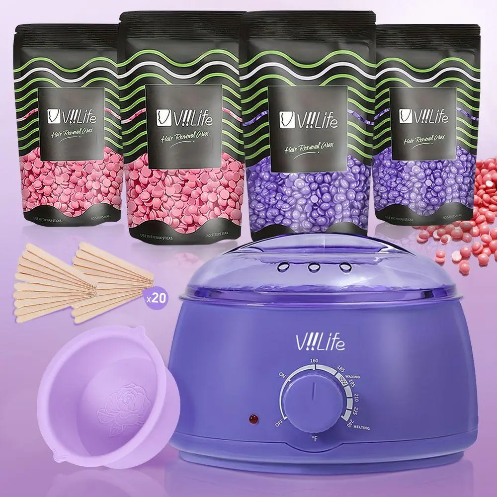 Pain-Free Home Heating Waxing Kit Set, Includes Heater, 4 Packs Beads, 20 Sticks, Bowl, Gentle Full-Body Hair Removal, Body Care Beauty Tool