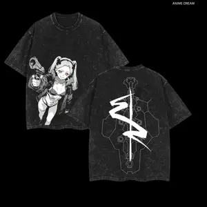Lucy × David - Cyberpunk Anime Double Printed Vintage Washed Tee Unisex Oversize Heavyweight Cotton T-shirt for Anime Fans and Lovers