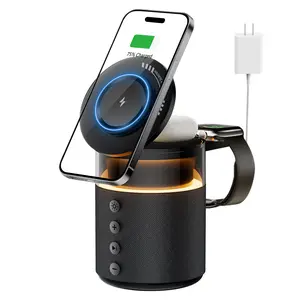 BLKE 5-in-1 Wireless Charging Station with Bluetooth Speaker Night Light 360° Stereo Sound MagSafe Fast Charger & Phone Stand 33W Adapter Included Compatible with iPhone 17/16/15/14/13 Series & Earbuds & Apple Watch Gift Usb Powered Smart Cellphone