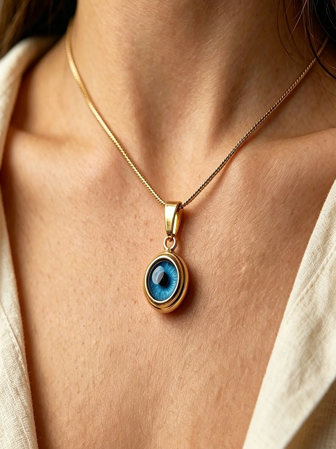 18k Gold Plated Stainless Steel Demon Eye Pendant Necklace, Turkish Blue Eye Amulet Jewelry, Elegant Round Pendant, Unique Design Pendant, Hypoallergenic Pendant, Minimalist Daily Wear, Trendy Necklace