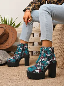 Women's Rose Skull Heeled Ankle Boots, Lace-Up Platform Design, Soft Sole Thick Heel, Round Toe Shoes for Halloween Party, Fashionable & Comfortable
