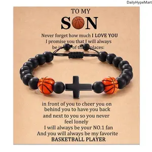 Natural Stone Sports Bracelet, Baroque Style Accessory with Cross & Basketball Beads, Baseball-Themed Faith & Passion Message, Anniversary Gift for Teen Boys