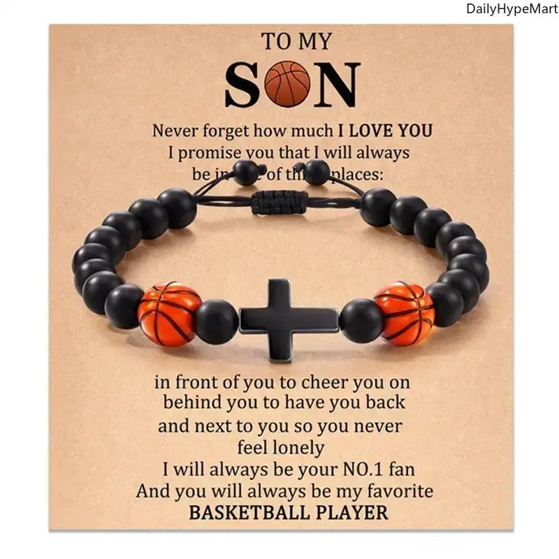 Natural Stone Sports Bracelet Jewelry - Funky Romantic Inspirational Sport Theme Accessory with Cross, Basketball Beads, Baseball-Themed Faith & Passion Message, Everyday Wear Anniversary Gift for Teen Boys, Peppy, Unisex, Casual, Baseball [Wood] Always R