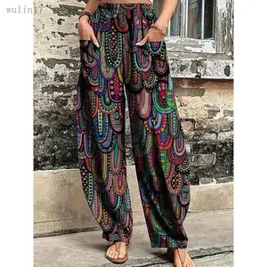 New2025Plus Size Boho Pants, Women's Plus Print Wide Leg Loose Harem Trousers With Pockets