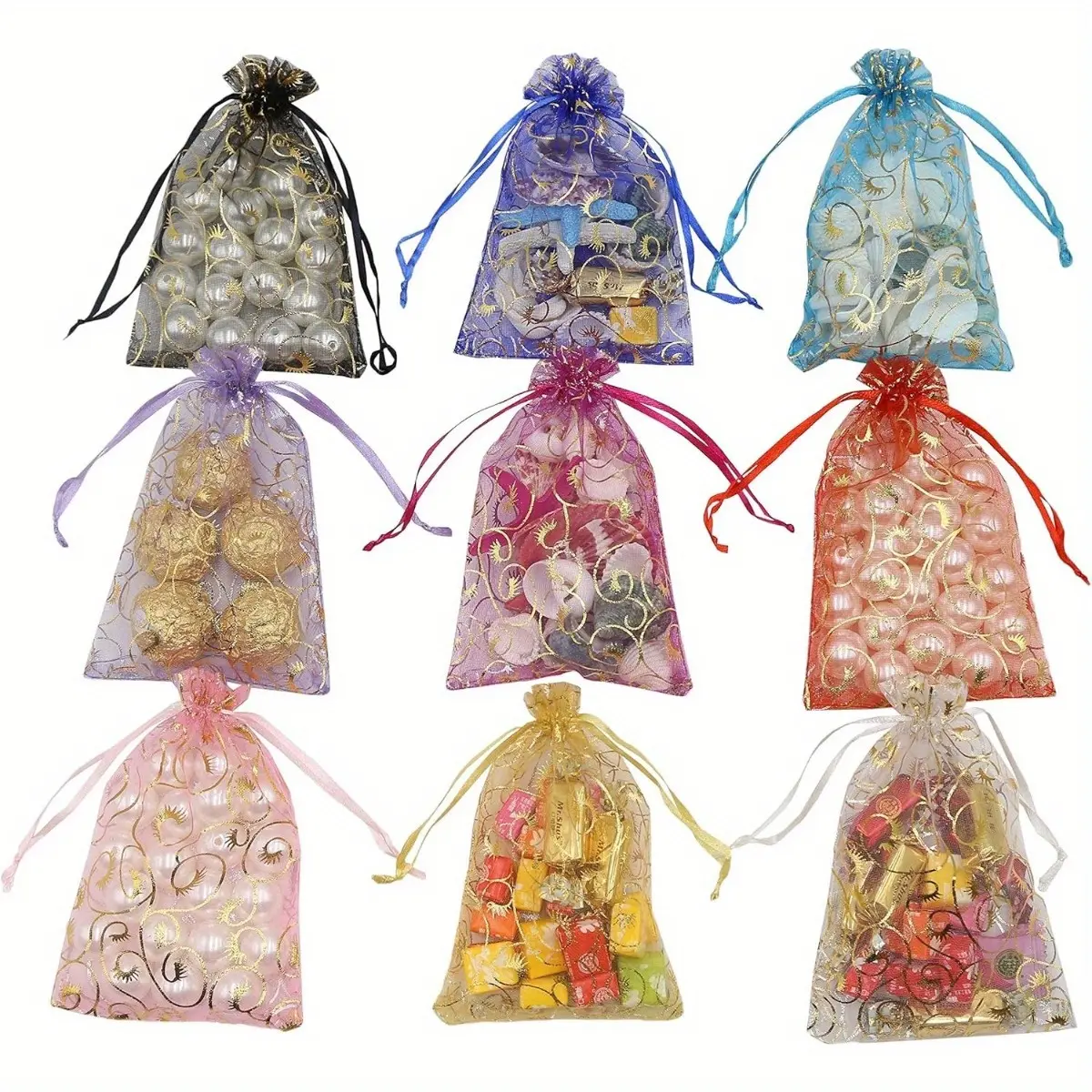 100PCS Mixed Colors Sheer Organza Drawstring Gift Bags - 4x6 Inches Eyelash Lace Mesh Pouches for Christmas Wedding Party Favors, Jewelry Storage, Gift Wrapping