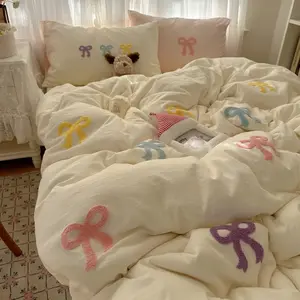 Cute Bow Embroidered Bedding Set, Soft Bedding Sets, Includes 1 duvet cover and 2 Pillowcases, Soft Fabric, Easy care, Suitable for All Seasons