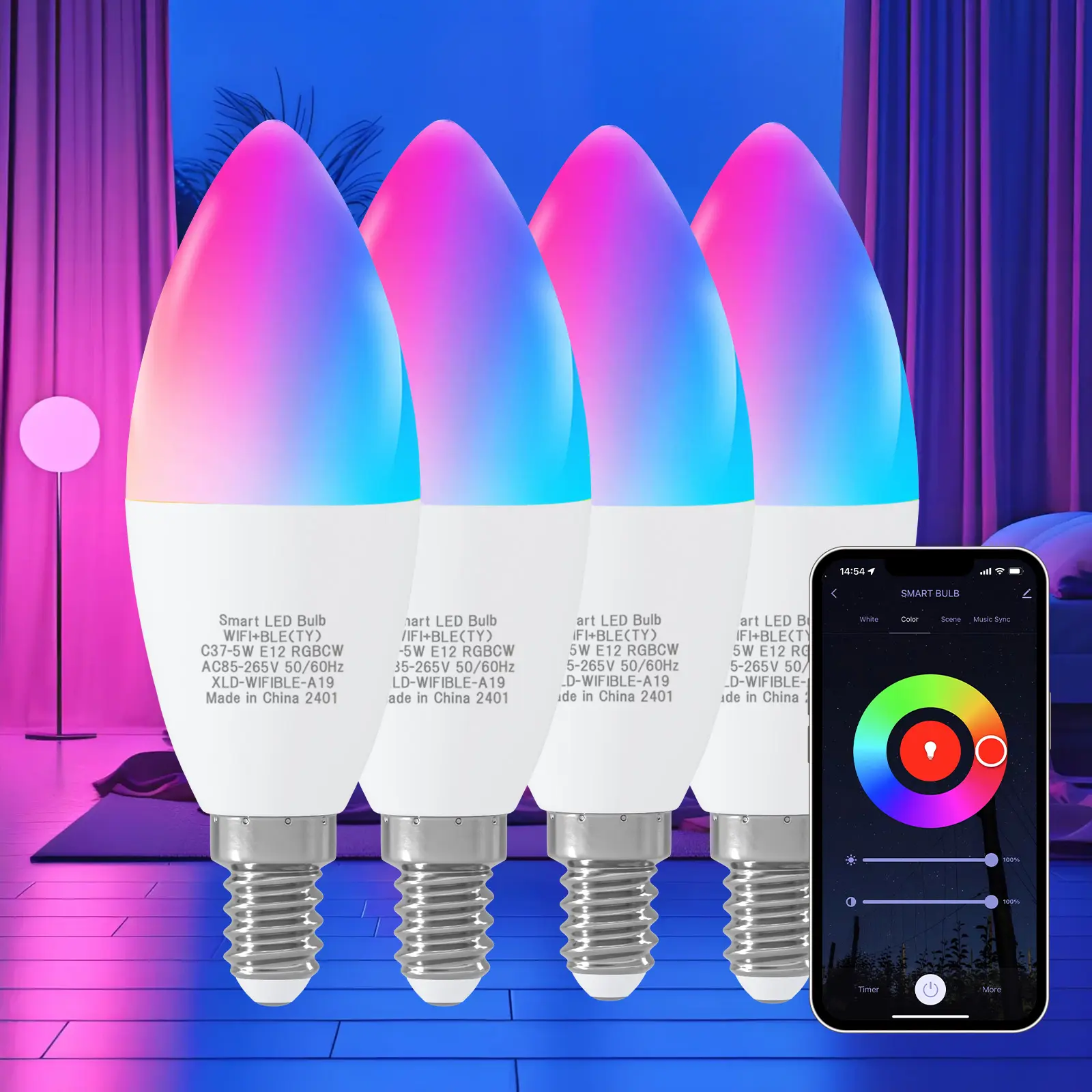 Smart Light LED Bulb - C37 E12 5W (40W Equivalent) 2.4GHz WiFi & Bluetooth Colorful Lighting Dimmable Connectable LED Lights Bedroom, 2/4-Pack