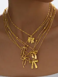 Gold Bow Layered Necklace for Women, Multi-Layer Chain Necklace Set, Cute Ribbon Pendant Jewelry, Trendy Y2K Minimalist Choker & Long Necklace, Elegant Stackable Necklace, Luxury Party Vacation Birthday Gift