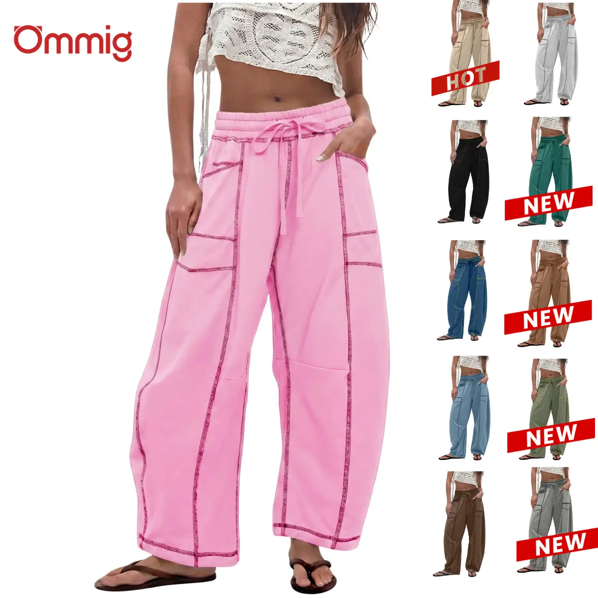 Ommig Womens Baggy Wide Leg Pants Casual Summer Palazzo Pants Drawstring Waist Lounge Pants with Pockets,summerwins,back to school shopping