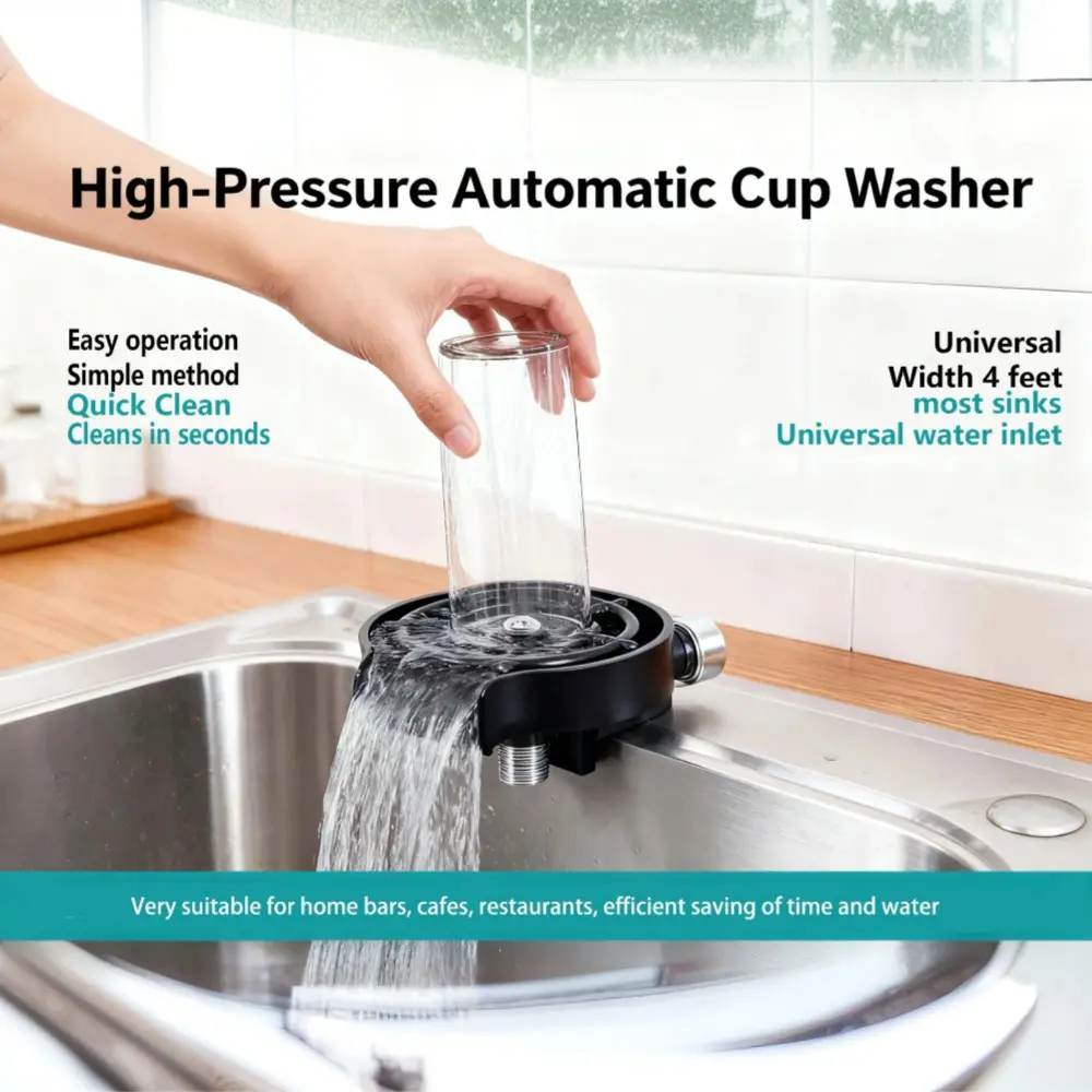 Automatic High-Pressure Glass Washer | One-touch rinse for quick cleaning, perfect for kitchens, bars, and cafes. Made of 304 stainless steel, it's easy to install, durable, and rust-resistant. Multi-angle, high-pressure spray easily removes residue.