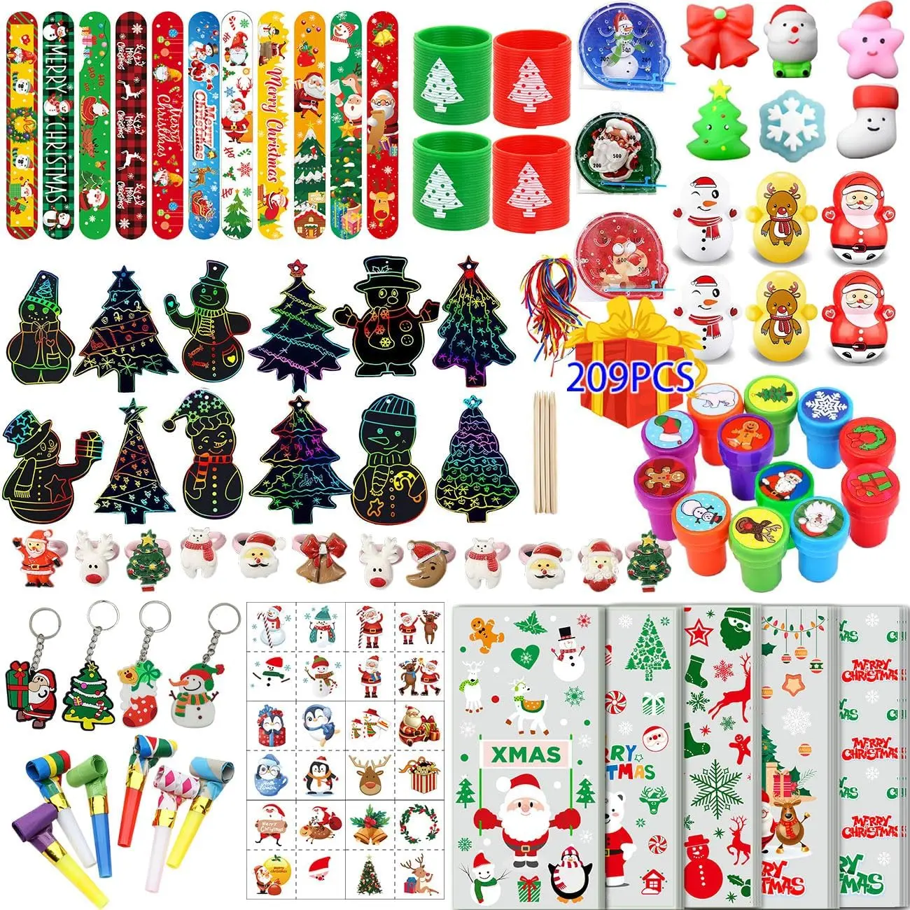 209PCS Christmas Party Favors for Kids – Bulk Stocking Stuffers, Holiday Goodie Bag Fillers, Classroom Rewards, Mini Toys Assortment for Christmas Parties & Gifts