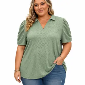 ROSRISS Women's Plus-Size Summer Polo Shirts - V-Neck, Puff Short-Sleeve, Lapel Collared, Smooth Stretchy Ruched Fabric Work Blouses, Eyelet Trendy Tunics, Oversized Feminine Vibes, XL-5XL VPS0186 (For Outdoor Fun)