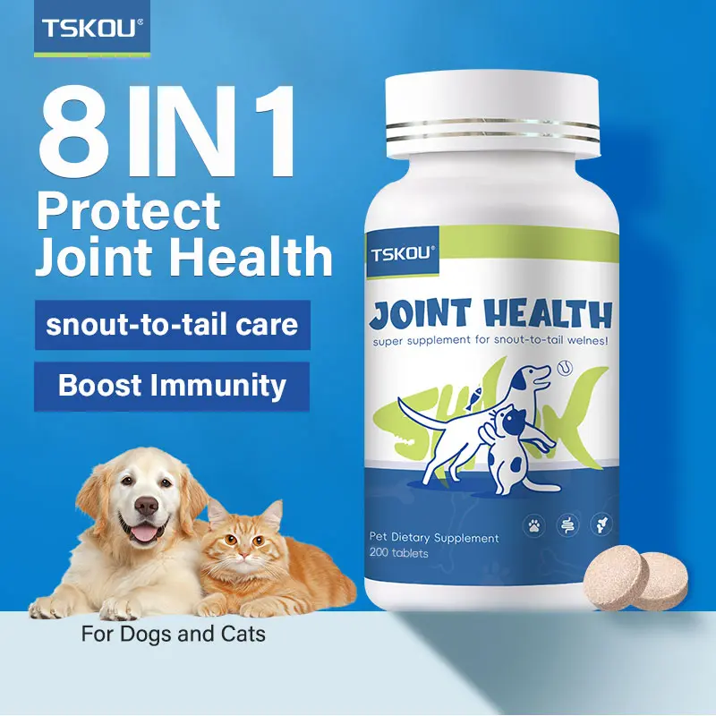TSKOU 8 IN 1 Shark Chondroitin Tablets for Dogs and Cats | 100mg Shark Chondroitin 240mg Glucosamine for Daily Joint Care | 200 tablets Easy to Feed Summervibes Canine Nutritional Supplement