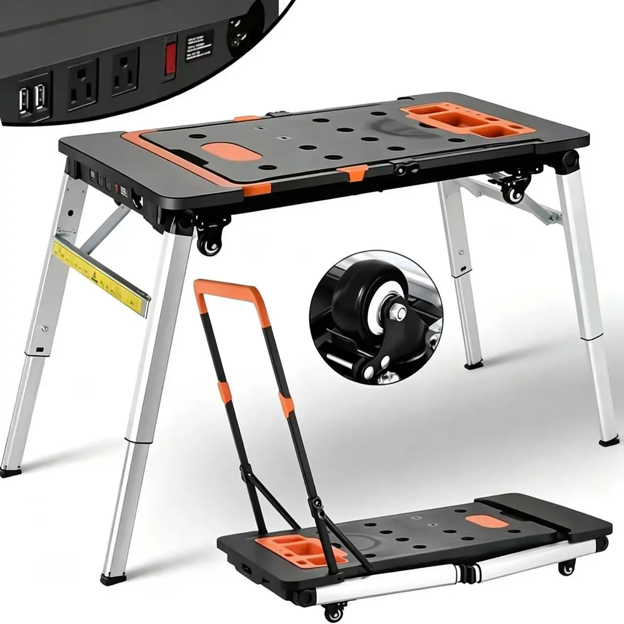 ToolUpgrade | LEADALLWAY 7-in-1 Folding Electric Workbench with Built-in Power Outlet, 550 lb Load-Bearing Steel Frame, 2 Adjustable Heights (20.47"-30.7"), Stair Climbing Wagon for Groceries, Mobile Work Platform Sawhorse