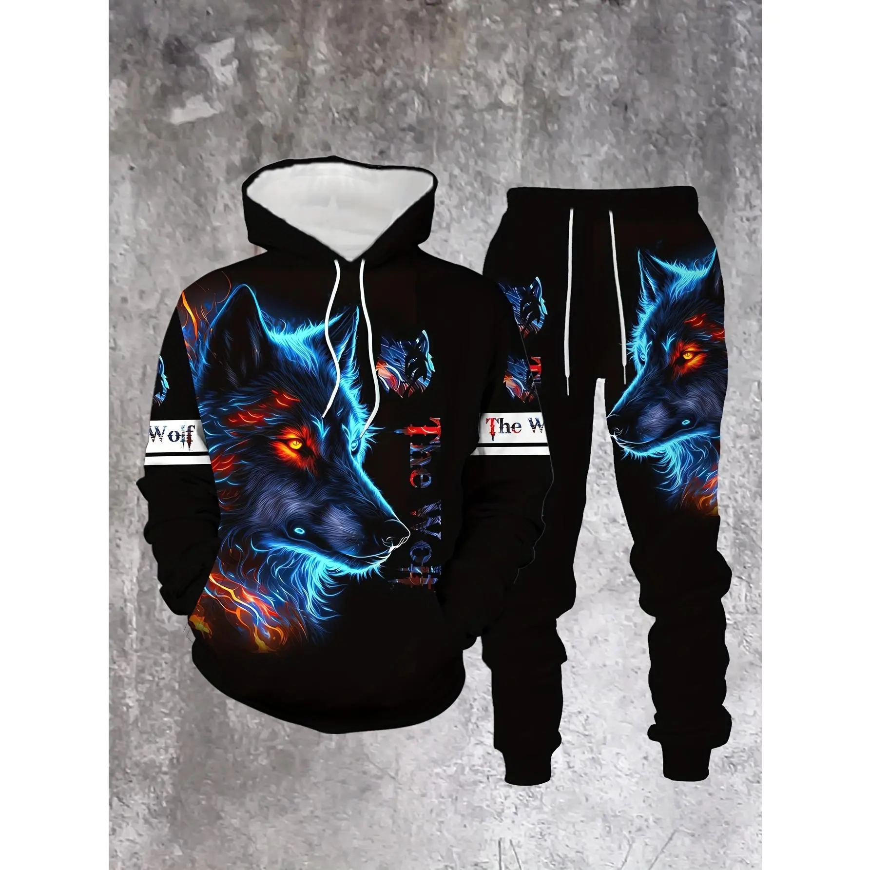 Men's Normal Type Knitting Polyester Sweatshirt Set - Blue & Red Double-Eyed Wolf Pattern, Personalized, Stylish, Comfortable, Male No Synthetics Sportswear for Spring & Autumn Outdoor Activities, Hoodie Top, Outdoor Wear, Regular, Men's Outfit Sets, Casu