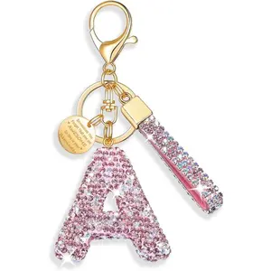 White Pink Black Initial Letter Keychain for Women Rhinestone Bling Cute Backpack Car Key Accessories Lanyard
