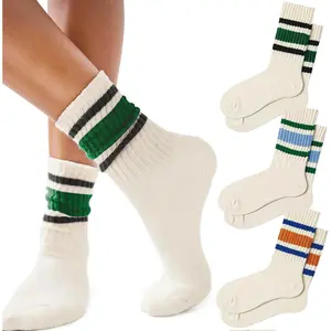 Retro Striped Crew Socks 3/4 Pairs Cotton Blend Comfortable Breathable Women's Socks for Casual Wear & Sports Activities High Quality Material Seamless Toe Reinforced Heel Elastic Ribbed Cuff