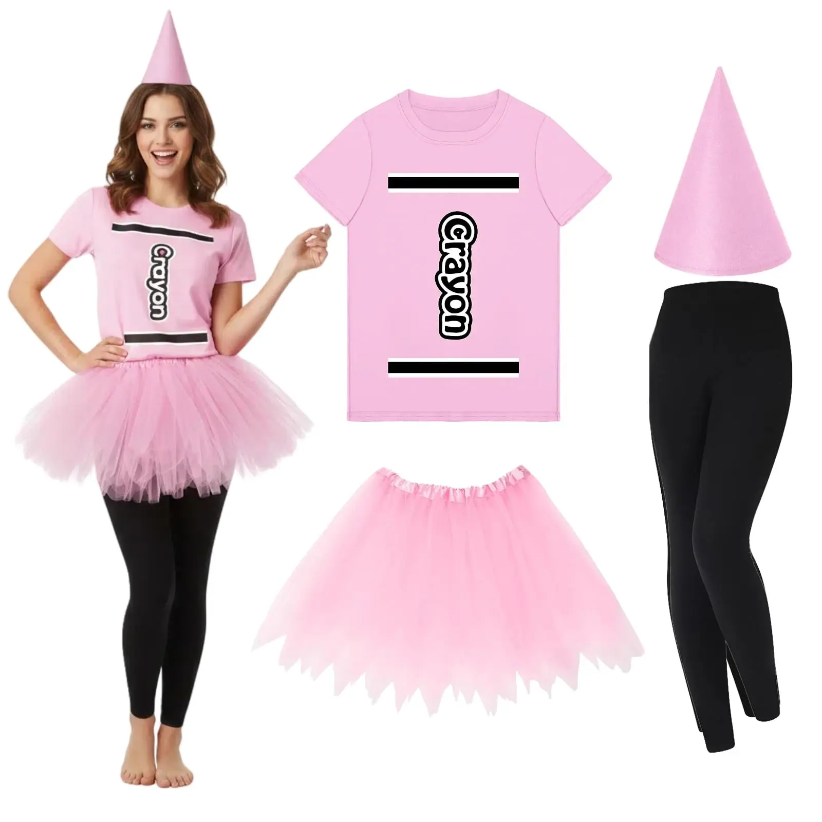 4 Pcs Halloween Teacher Group Crayon Costume Set T Shirt Tutu Skirt Gnome Cone Hat Leggings for The Day the Crayons Quit Parade Book Character Day Team Cosplay Outfit Cute Rainbow Apron Dress for Women Art Teachers School Staff Classroom Party Spirit Week