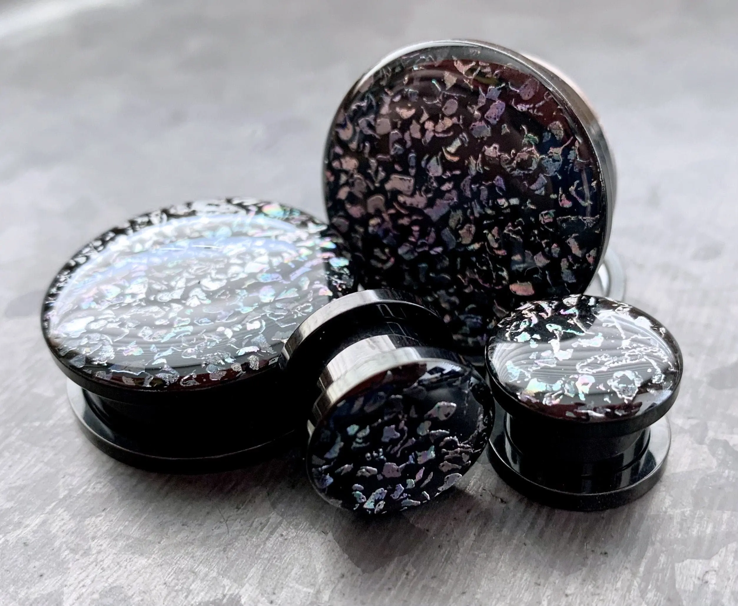 PAIR of Unique Rainbow Fossil Stainless Steel Black Screw Fit Tunnels / Plugs - Gauges 2g (6mm) thru 1" (25mm)
