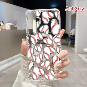 Magnetic Phone Case Supports Wireless Charging for Samsung Galaxy S26 Edge S23 Ultra S24 Plus FE S25 S22+ Baseball Heart Fusion Pattern Non-Yellowing Shockproof Soft Silicone Transparent Acrylic Large Hole Cover