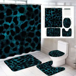 1/4pcs Teal and Black Leopard Print Bathroom Decor Set - Shower Curtain Sets, Stylish Shower Curtain, Luxurious Bath Mat, U-Shaped Toilet Mat & Lid Cover - Bold Animal Print Design Perfect for Modern Holiday Home Makeover