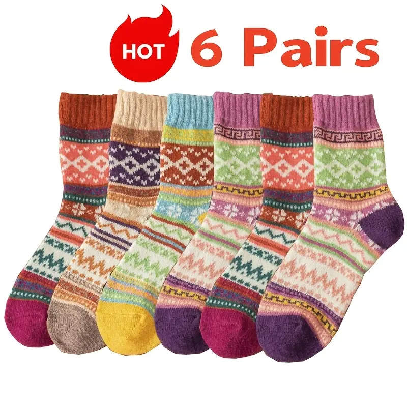Women's 6-Pair Vintage Boho Wool Thermal Crew Socks - Aesthetic Nordic Patterned, Halloween/Birthday Gift for Ladies, Summer Lounge Accessory, Lady