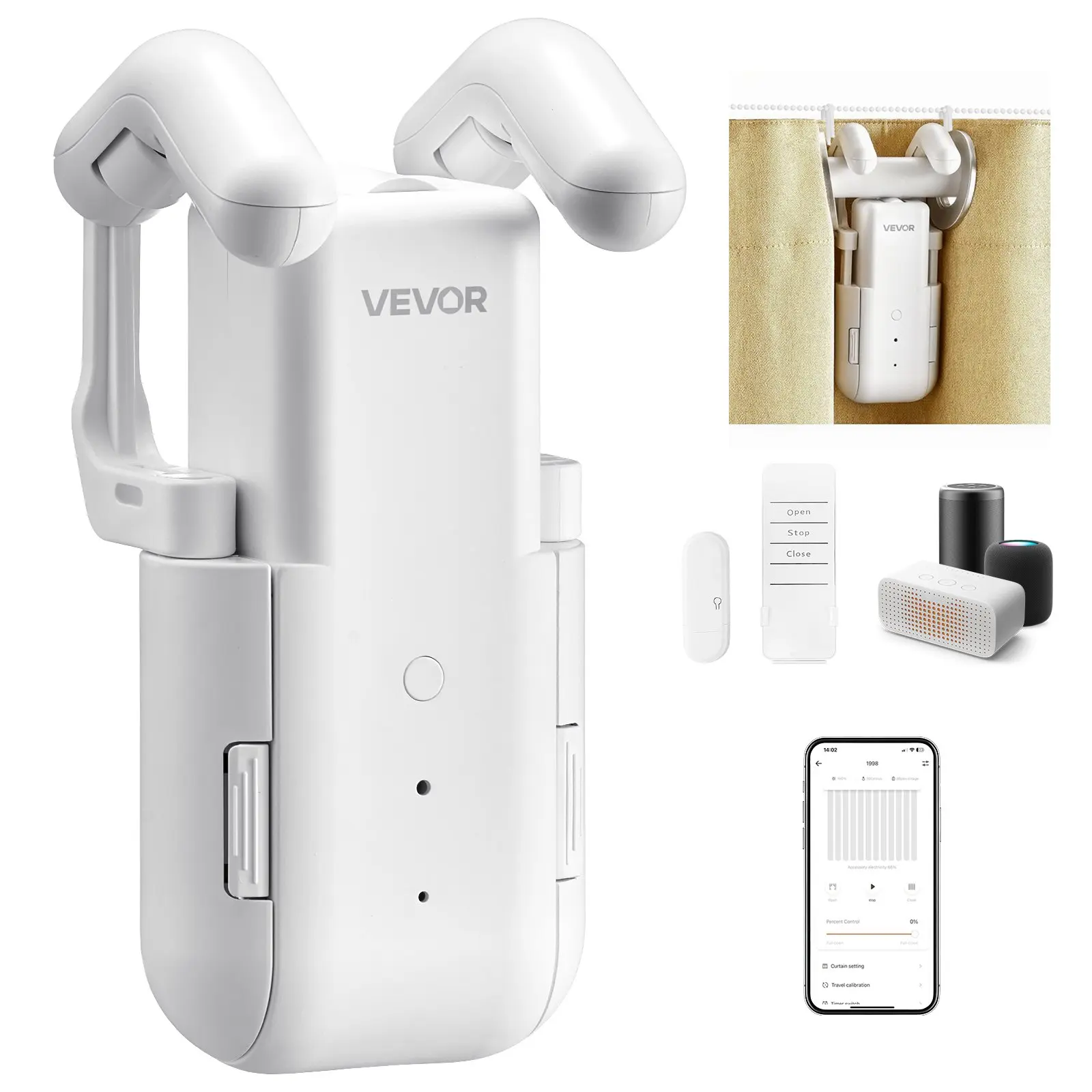 VEVOR Automatic Curtain Opener, APP and Remote Control, Hub Included, Electric Smart Curtain Opener Compatible with Alexa and Google Home, Timed Opening and Closing, Silent Mode, for Roman Rods