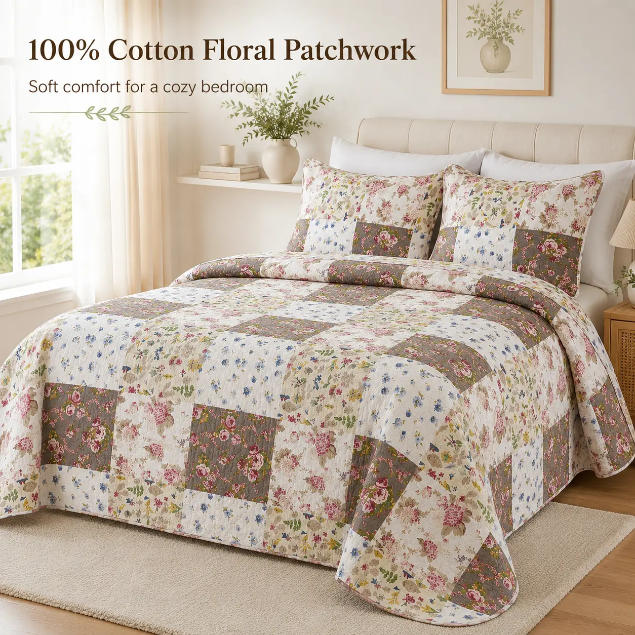 100% Cotton Floral Patchwork Quilt Set 3 Piece Quilted Coverlet Bedspread with 2 Pillow Shams Queen King Size