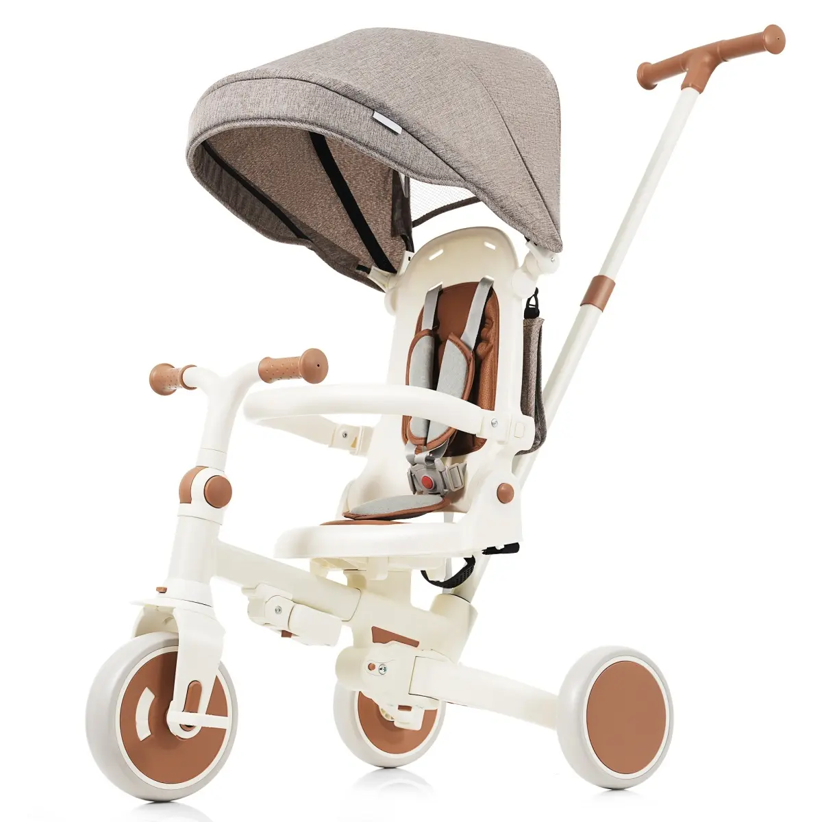Aobtkel,7 in 1 Baby Tricycle, Foldable Toddler Tricycle with Removable and Adjustable Parent Handle, Toddler Push Bike with Removable Pedal, Canopy, and Guardrail, Tricycle for 12-72 Months, ivory and brown#Summervibes