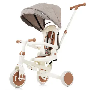 AOBTKEL,7 in 1 Baby Tricycle, Foldable Toddler Tricycle with Removable and Adjustable Parent Handle, Toddler Push Bike with Removable Pedal, Canopy, and Guardrail, Tricycle for 12-72 Months, ivory and brown