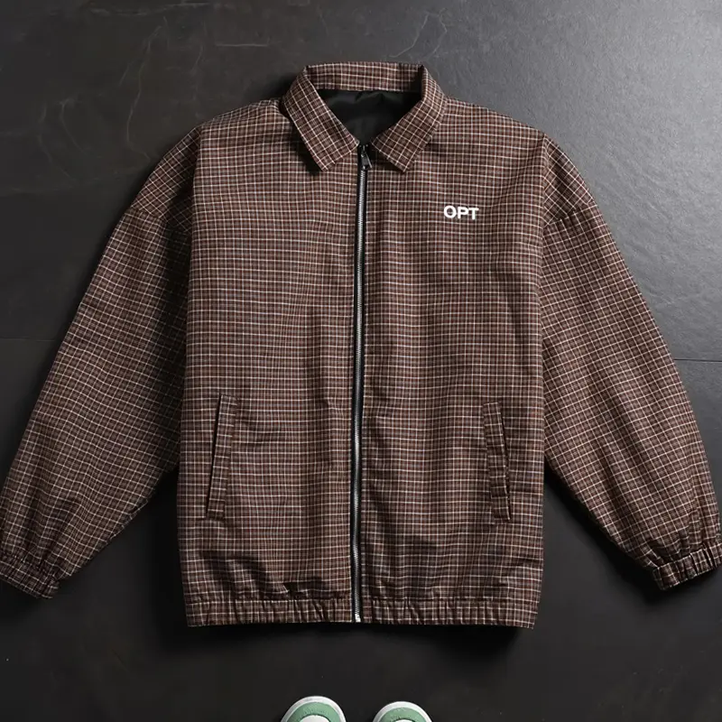 Men Plaid Coach Jacket, Brown Tiny Grid Check Lapel Collar Full Zip Mini Letter Embroidery Elastic Cuff Hem Oversized Boxy Loose Y2K Skate Retro Streetwear Casual Outer Coat
