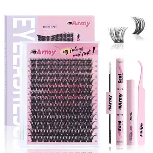 ArmyBeauty Volume Lash Clusters KIt/ 8-18mm 140 pcs D Curl Ultra-Dense Cluster Individual Lash Extension/ Longlasting Cluster Lashes with Bond&Seal+Remover+Tweezer/ Home Application-Double v kit