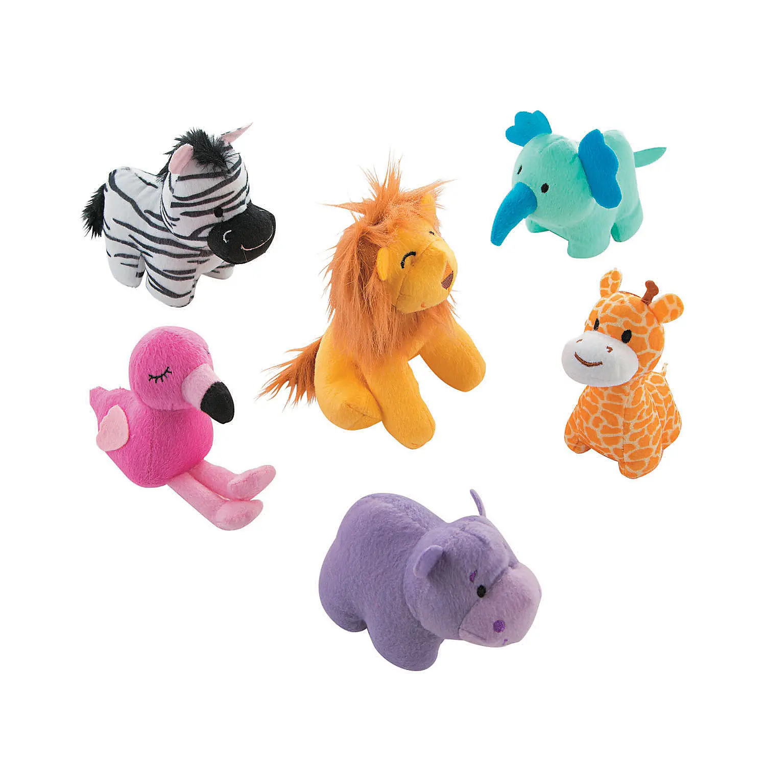 Oriental Trading Company (OTC) Cute Stuffed Animal Set - 12-Pc Unisex Animal-Shaped Zoo Figures, Soft Adorable Stuffed Hippo & Elephant, 3.5-5.25 in (2"-3 3/4" x 3.5" range), Ideal for 4-6 Years Olds, Birthday Party Favors